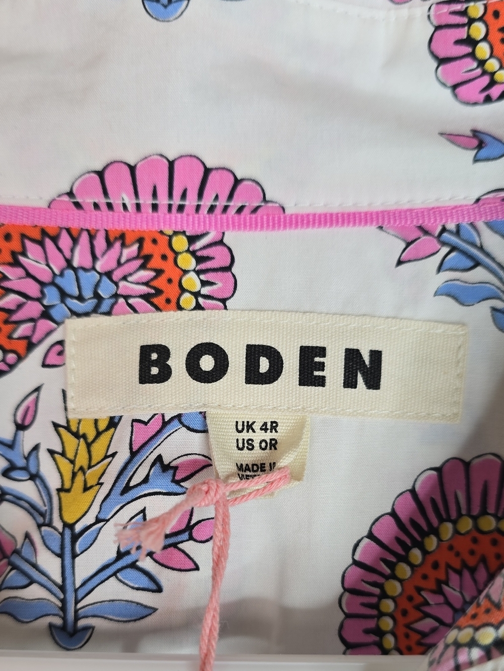 Boden  Sienna White Button-Down Shirt with Pink & Blue Floral Motif Size 0R Nwt - Picture 5 of 7